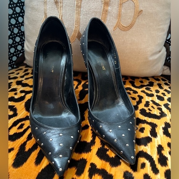 SAINT LAURENT YSL  Black Studded Leather Pointed Toe Pumps - Picture 2 of 15